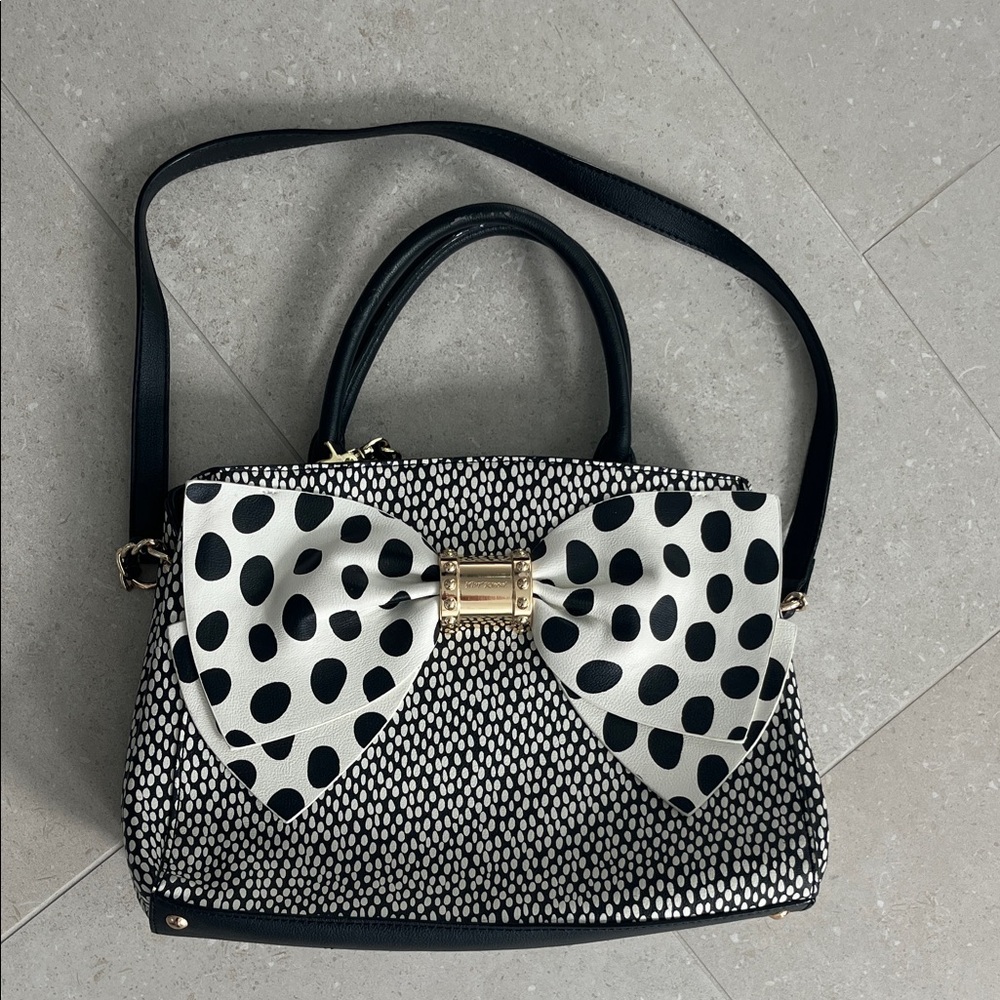 Betsey Johnson Black and White Polka Dot Bow Shoulder Bag